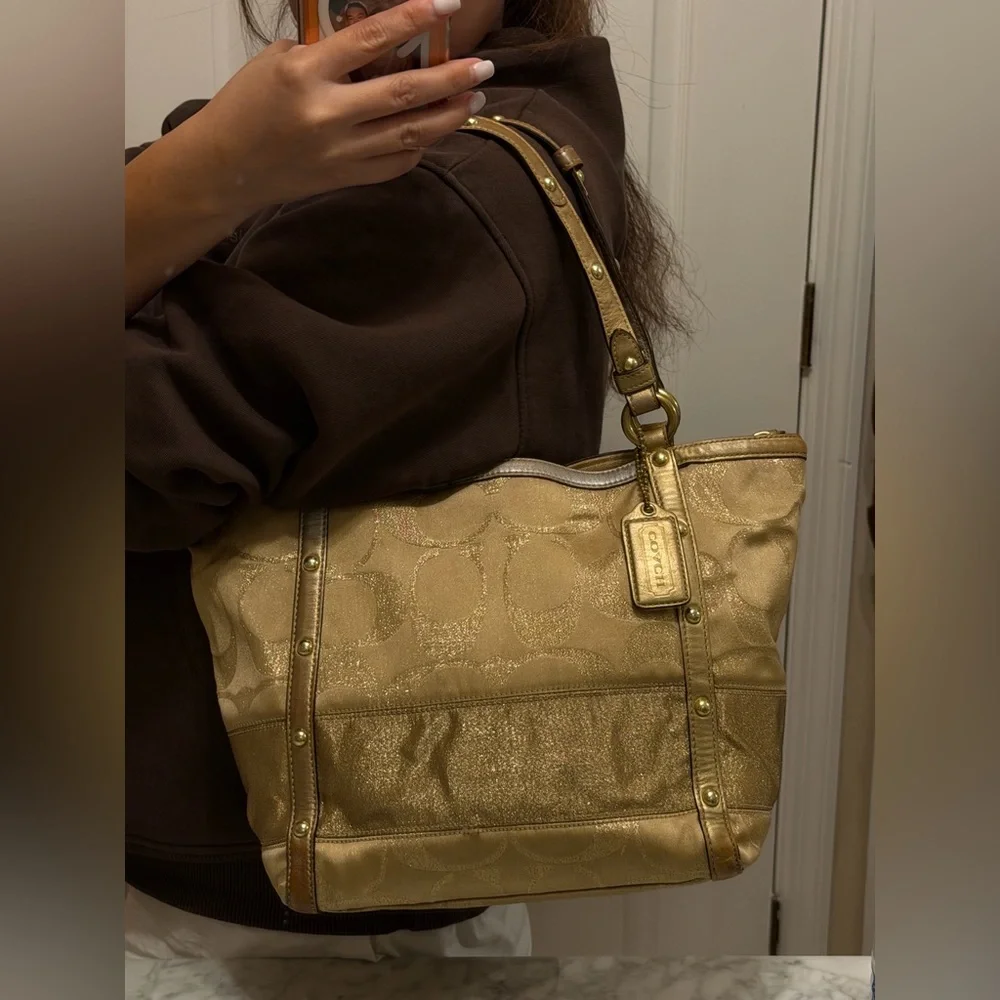 Coach Signature Stripe Studded Lurex Tote in a Gold Colorway - Picture 9 of 13